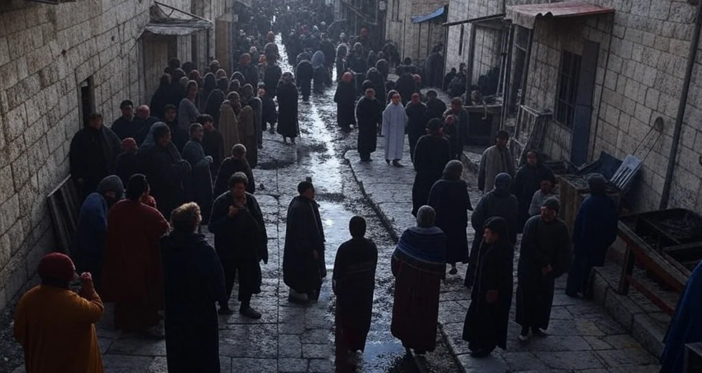Antik Orta Doğu’da kalabalık ve kirli bir sokak.