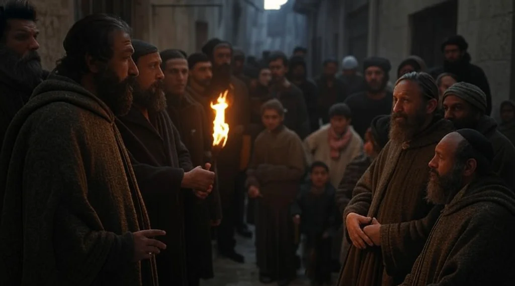 Karanlık bir sokakta meşale tutarak konuşan Eski Kudüs’ten bir grup İsrailli.