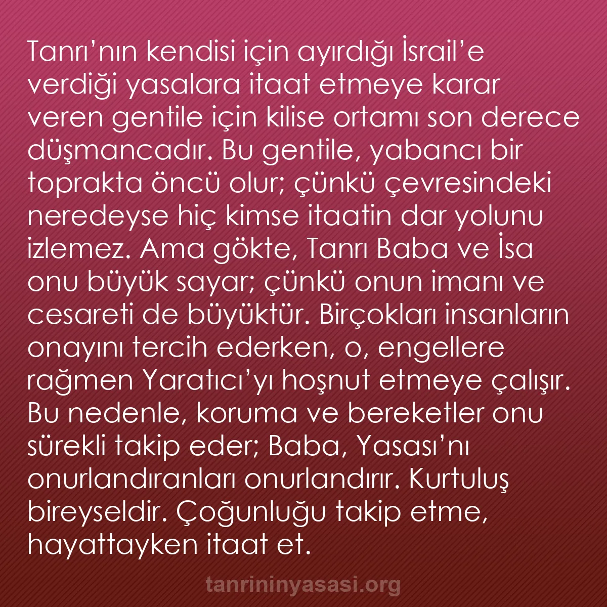 b0019 - Tanrı’nın Yasası hakkında gönderi: Tanrı’nın kendisi için ayırdığı İsrail’e verdiği yasalara itaat...